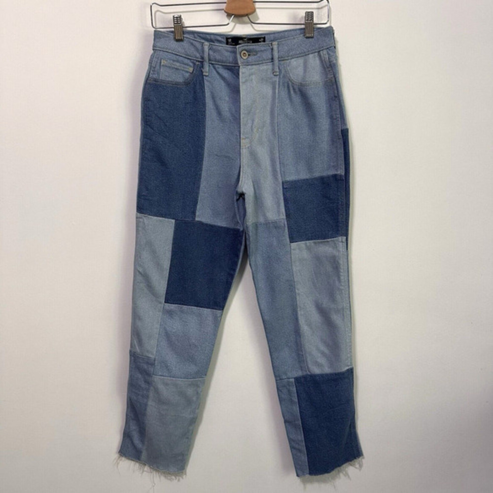 Hollister Ultra High Rise Mom Jean Patchwork Blue 27 5R Raw Hem Y2K
